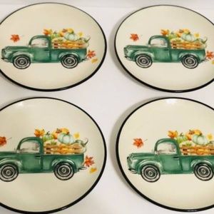 NEW Robert Stanley Thanksgiving Plate Green Farm Truck Pumpkins Set off 4